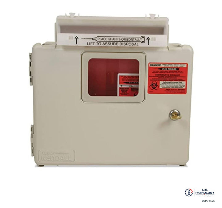 USPE Sharps Container Wall Enclosure; source-reference image with original safety labels retained; final supplied USPE assembly and glove carton fit unverified