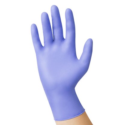 USPE sensitive-touch textured nitrile exam glove in violet blue, 9.5-inch length, powder-free
