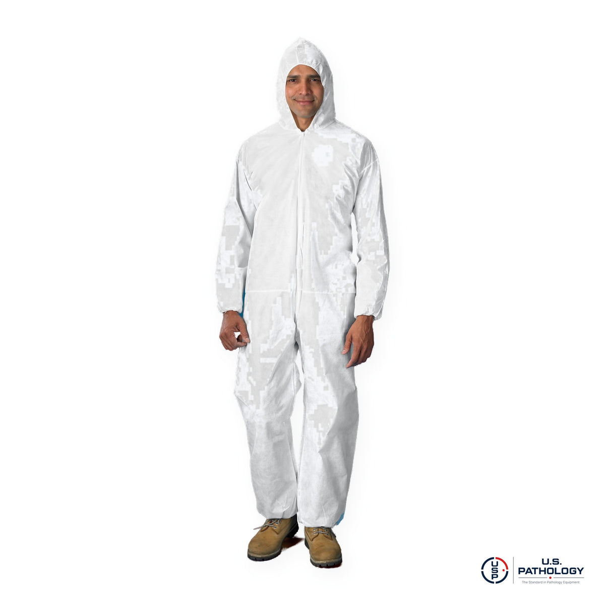 USPE SMS Disposable Coverall, Attached Hood, Elastic Wrists & Ankles – White