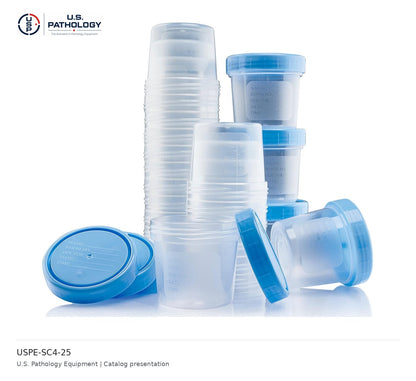USPE Specimen Containers with Screw Lids, 4 oz, 25-Pack – 4 oz / 25 empty containers – catalog reference USPE-SC4-25; USPE catalog presentation
