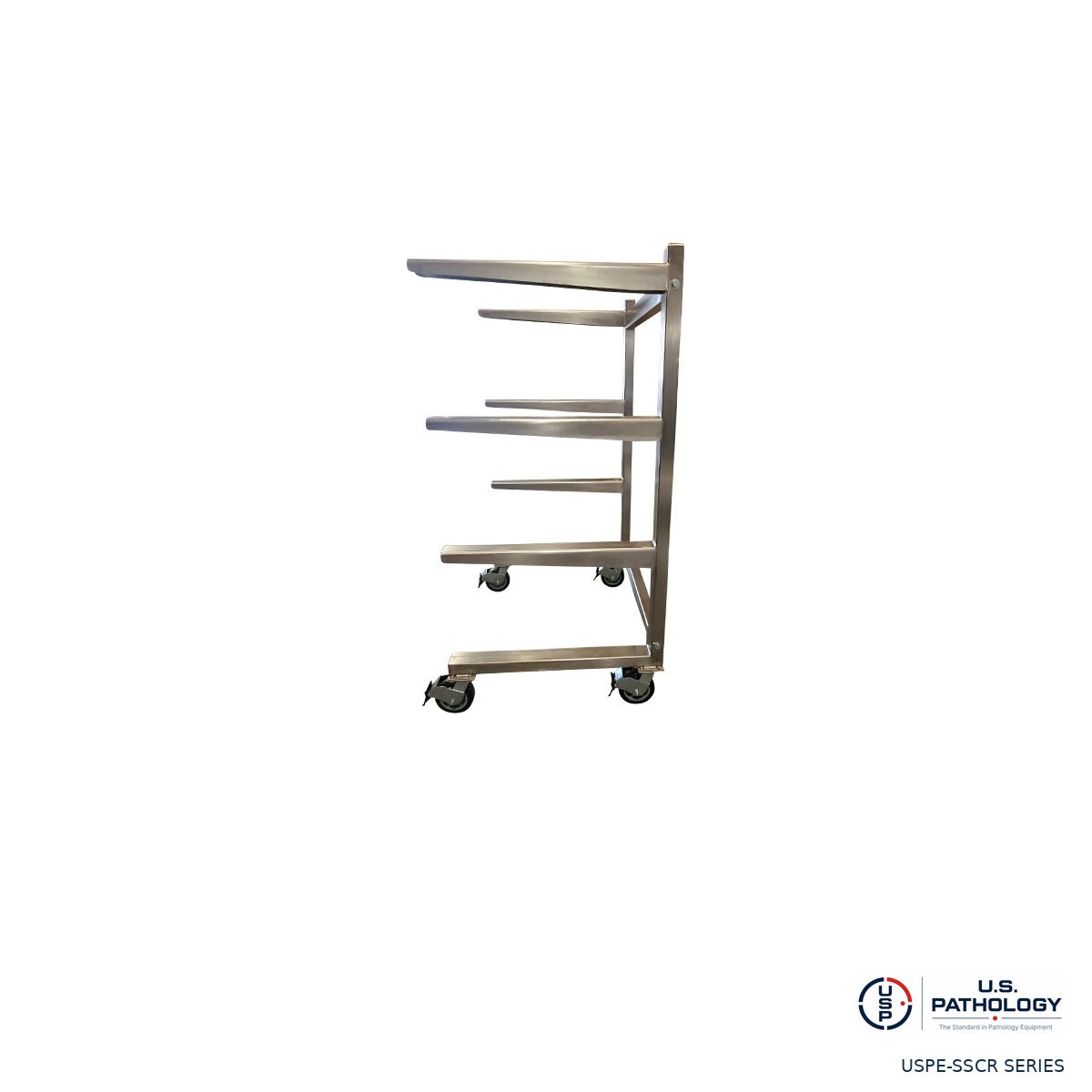 USPE stainless steel cadaver storage rack, side view of open cantilever arms and casters