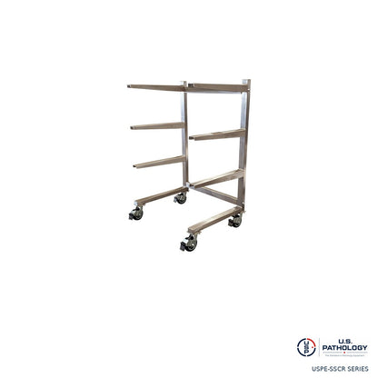 USPE stainless steel cantilever mortuary rack on casters, representative 4-tier configuration