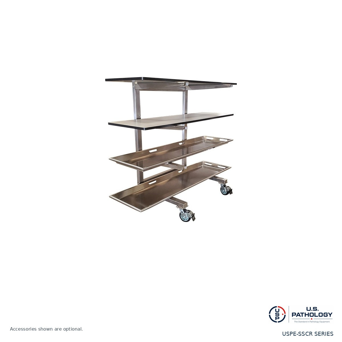USPE stainless steel morgue rack shown with optional body trays and laminated boards
