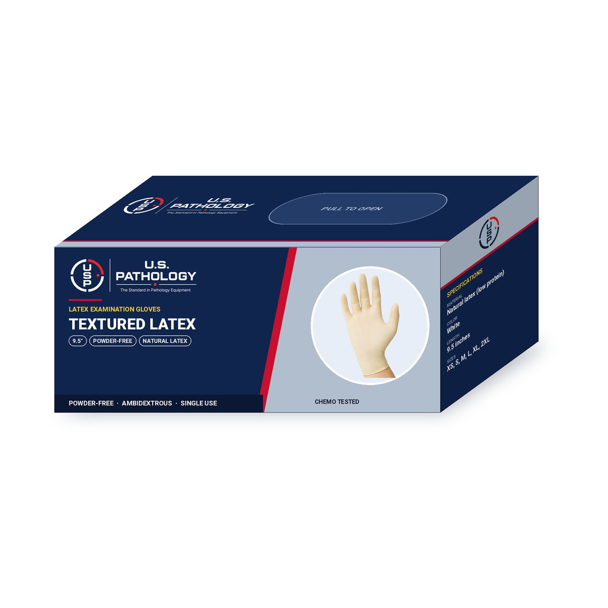 USPE Textured Latex Exam Gloves dispenser box showing 9.5-inch length, powder-free and ASTM specifications