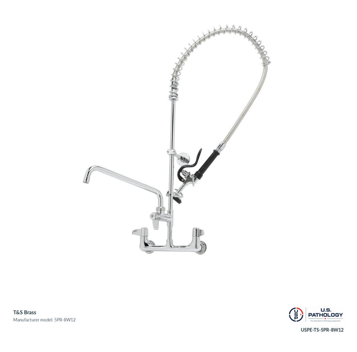 T&S Brass 5PR-8W12 Wall-mount pre-rinse base with add-on faucet; genuine T&S manufacturer reference; USPE catalog USPE-TS-5PR-8W12