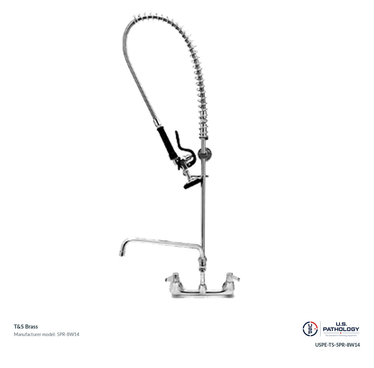 T&S Brass 5PR-8W14 Wall-mount pre-rinse unit with add-on faucet; genuine T&S manufacturer reference; USPE catalog USPE-TS-5PR-8W14