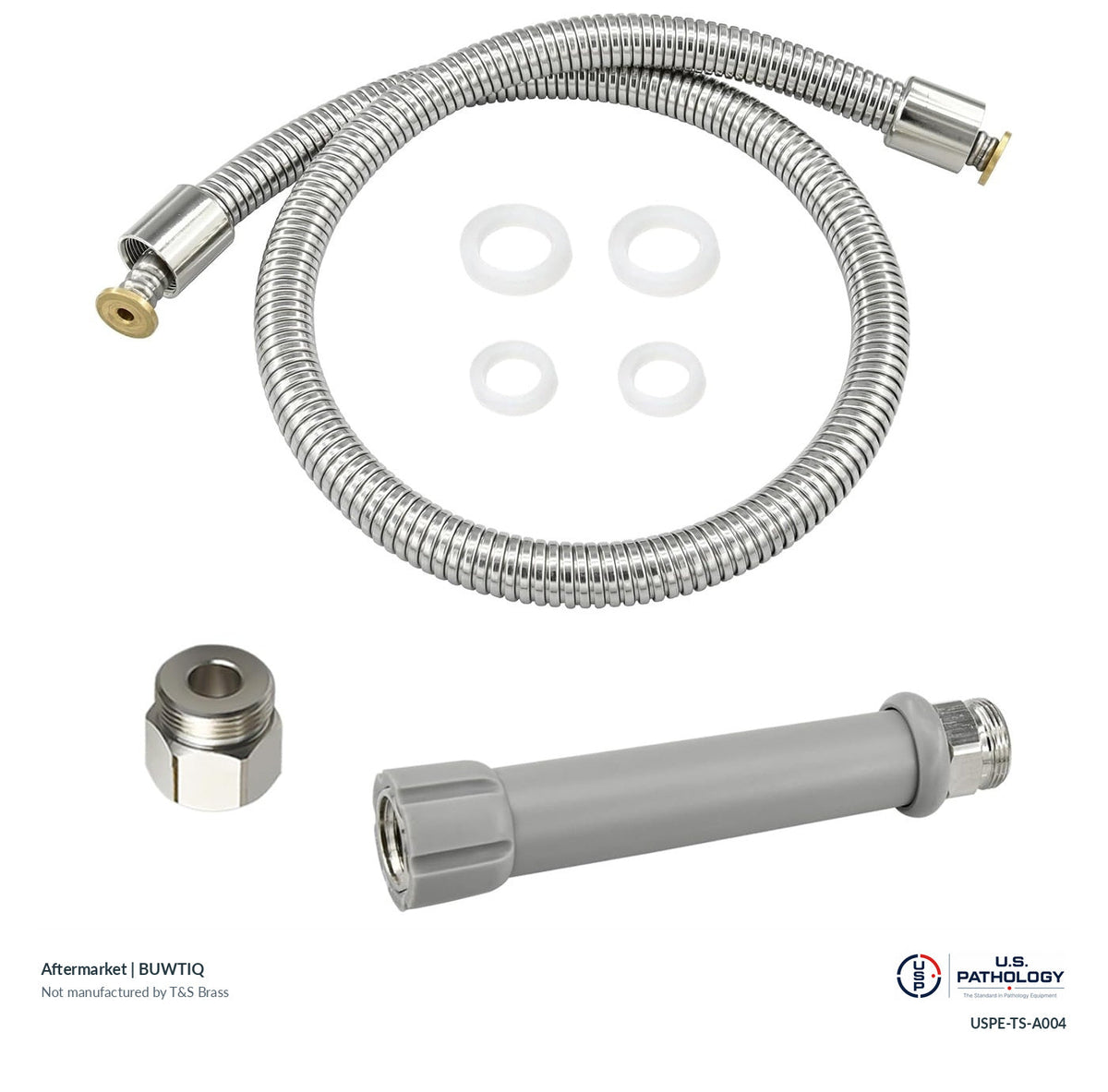 BUWTIQ 44-inch pre-rinse sprayer hose with handle | Aftermarket; third-party aftermarket reference, not a T&S-manufactured product; USPE catalog USPE-TS-A004
