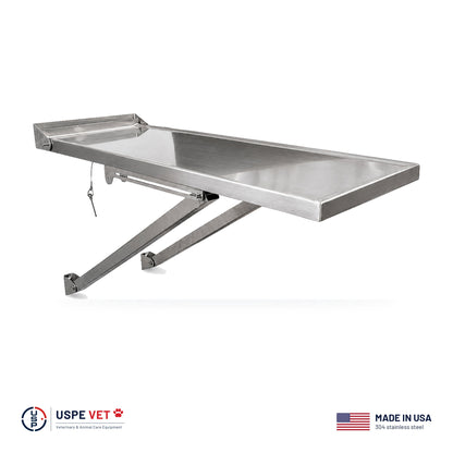 USPE Vet wall-mounted veterinary exam table angle view with tubing supports and pull pins
