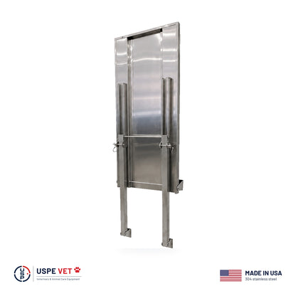 USPE Vet fold-down veterinary exam table stored flat against the wall