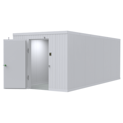 Walk-in morgue cooler with door open for easy access, featuring durable stainless steel construction and advanced insulation — one of the highest-rated mortuary coolers for professional funeral homes and medical facilities.