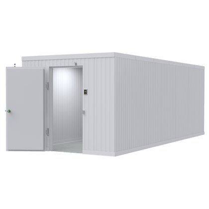 Walk-in morgue cooler with door open for easy access, featuring durable stainless steel construction and advanced insulation — one of the highest-rated mortuary coolers for professional funeral homes and medical facilities.