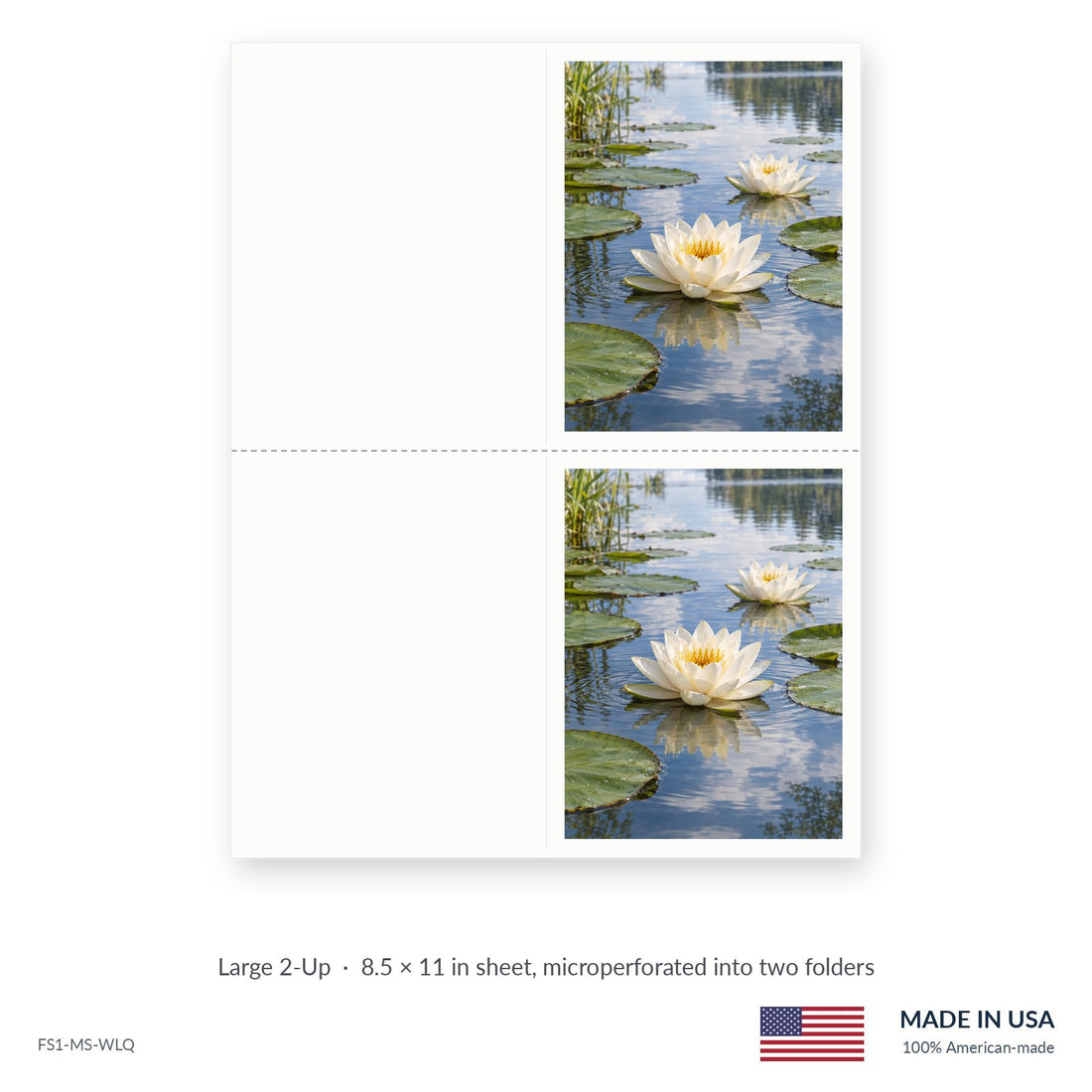 Water Lilies funeral service folders, Large 2-Up 8.5 × 11 in sheet microperforated into two folders, Funeral Source One FS1-MS-WLQ