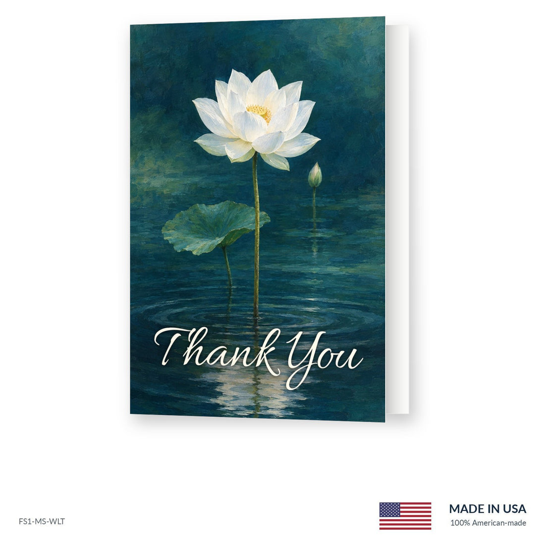 White Lotus funeral acknowledgment card shown slightly open, Funeral Source One FS1-MS-WLT, Made in the USA