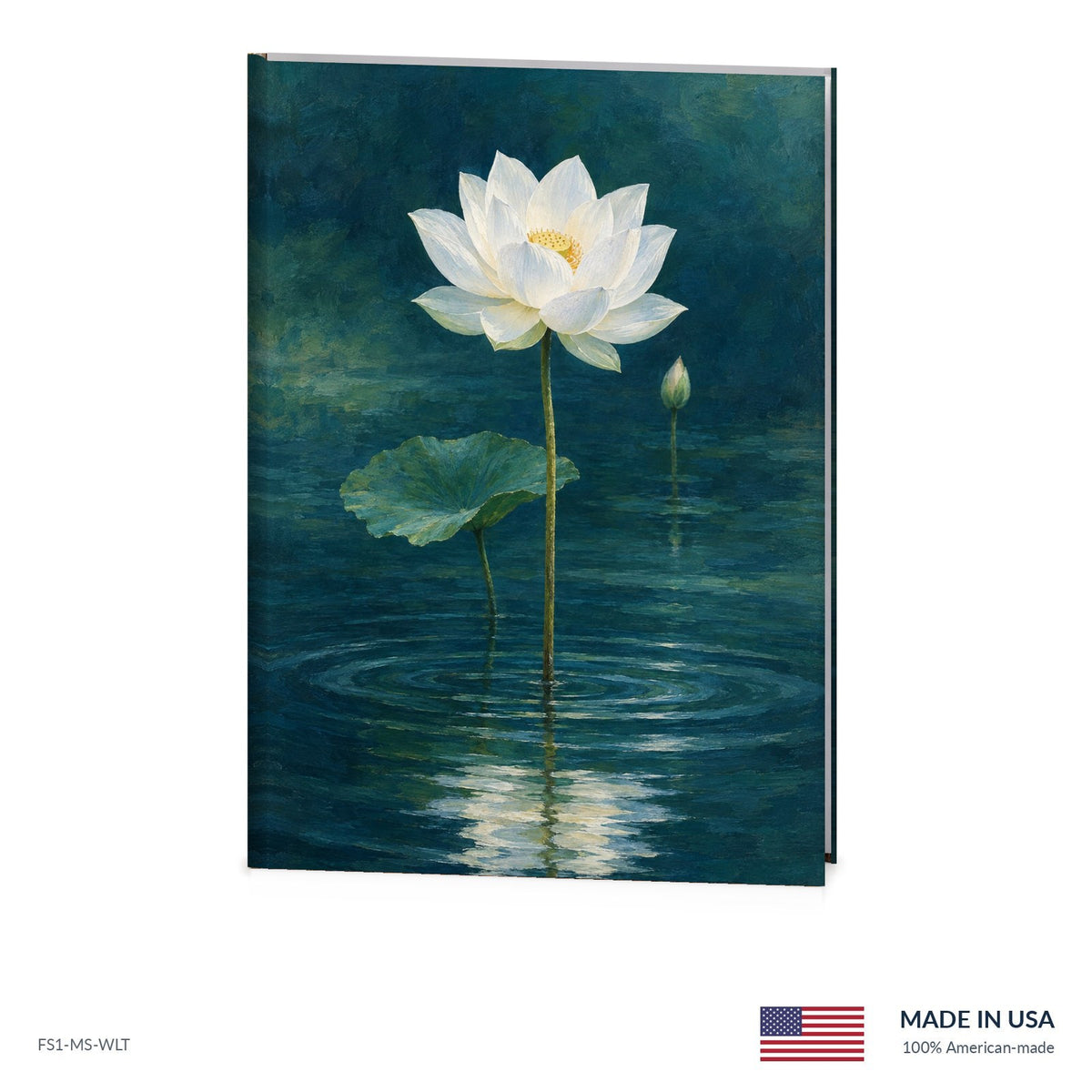 White Lotus funeral register book with full-color cover wrap and visible page edge, Funeral Source One FS1-MS-WLT, Made in the USA