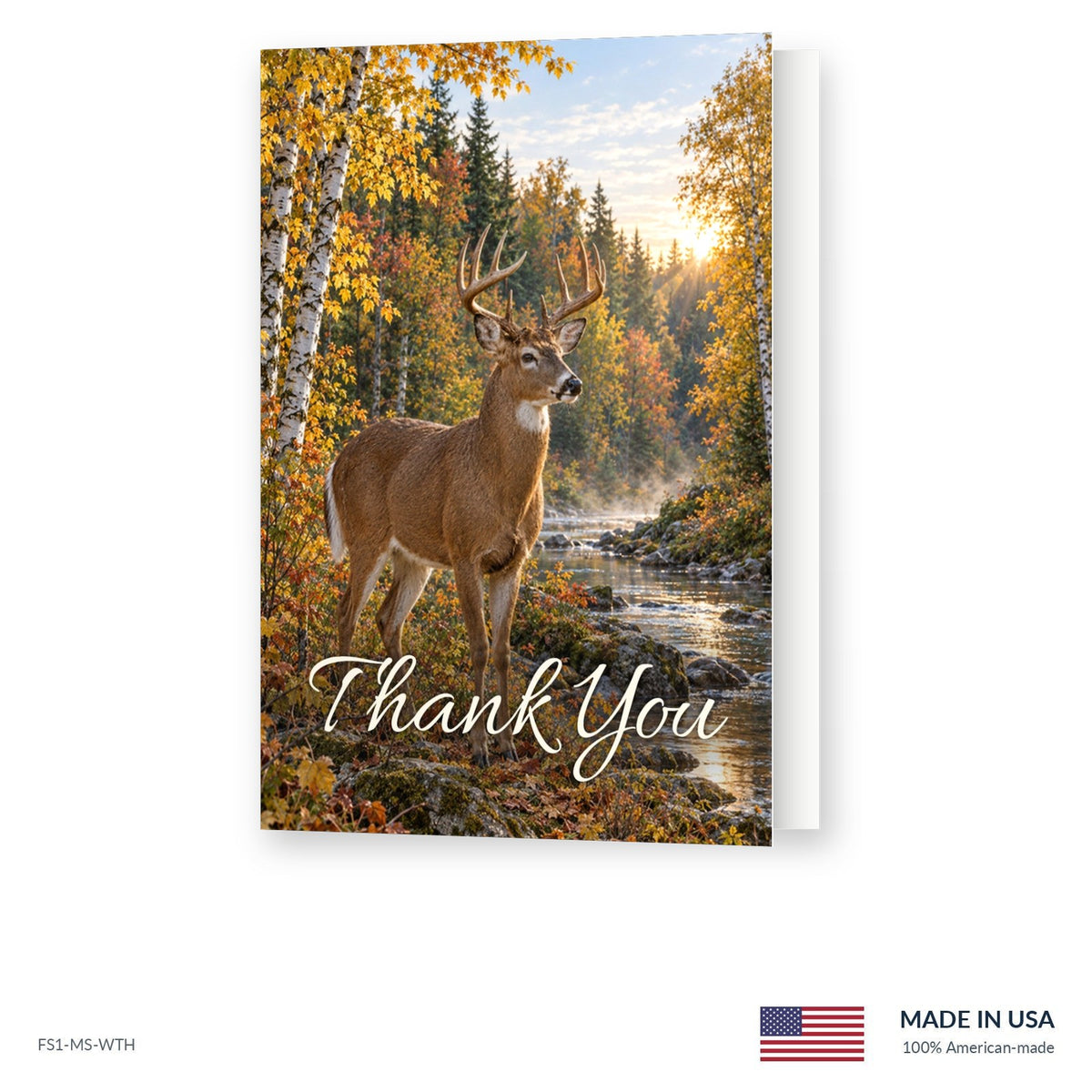 Whitetail Hollow funeral acknowledgment card shown slightly open, Funeral Source One FS1-MS-WTH, Made in the USA