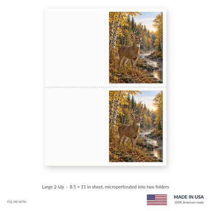 Whitetail Hollow funeral service folders, Large 2-Up 8.5 × 11 in sheet microperforated into two folders, Funeral Source One FS1-MS-WTH