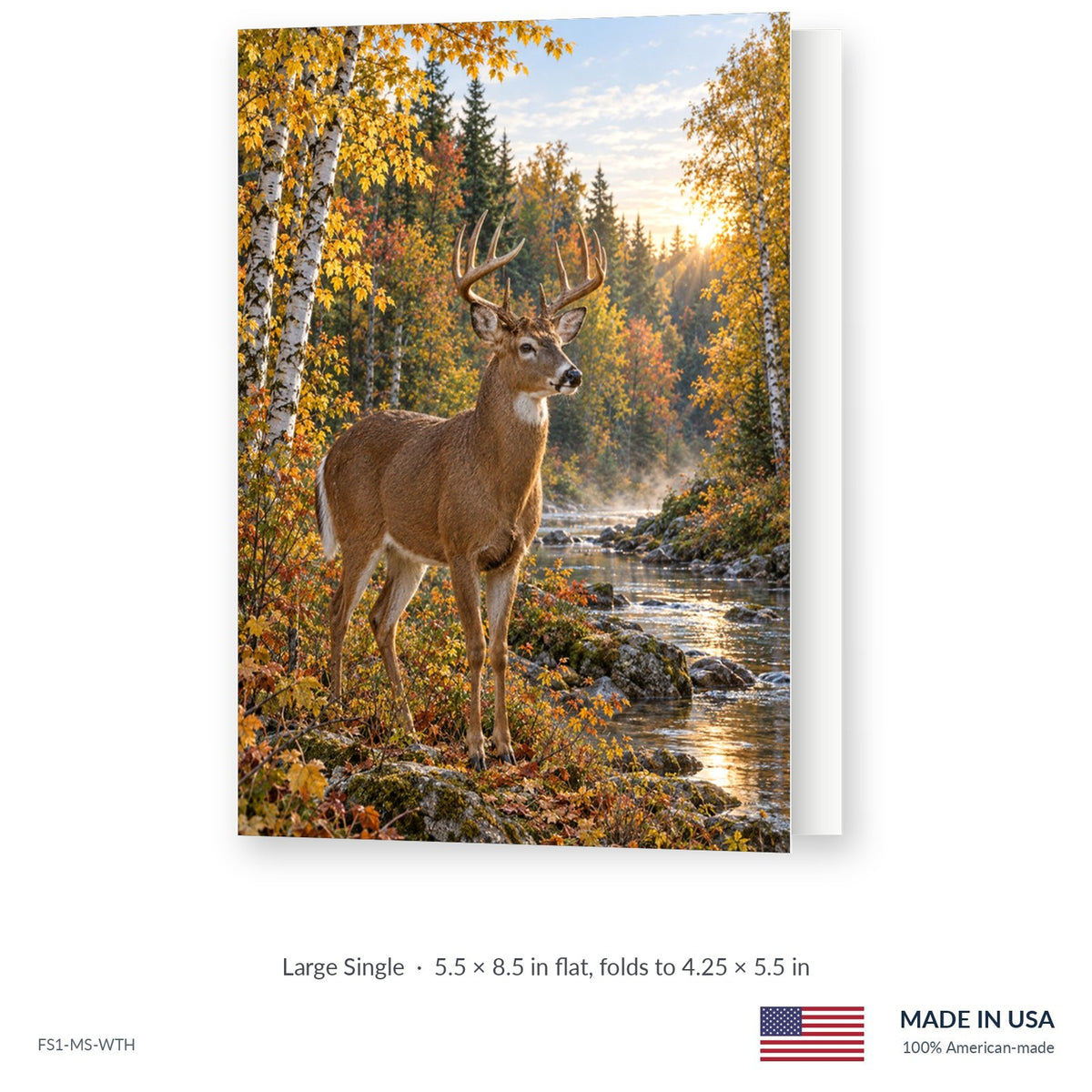 Whitetail Hollow funeral service folder, Large Single 5.5 × 8.5 in, shown slightly open, Funeral Source One FS1-MS-WTH, Made in the USA