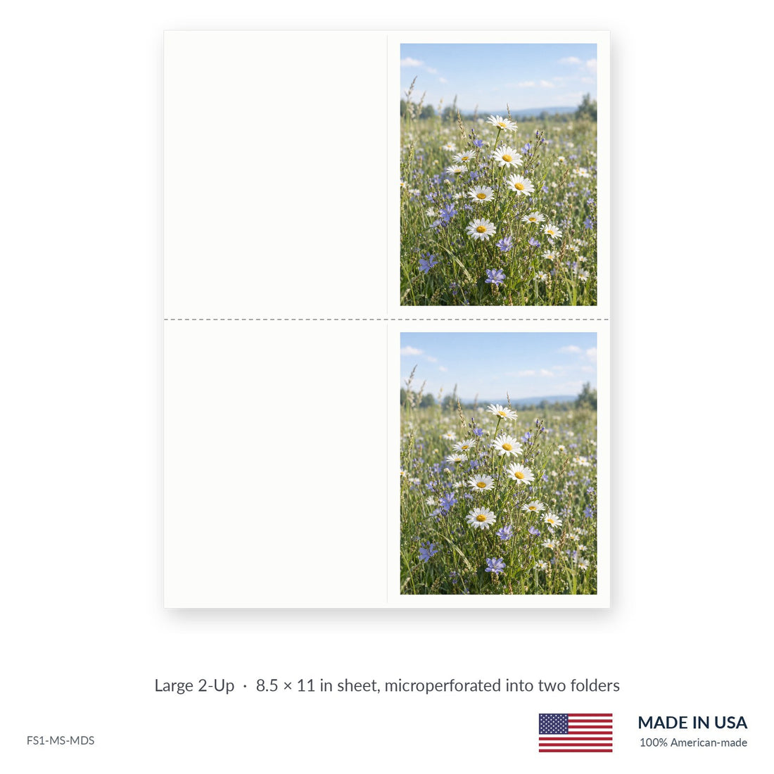 Wildflower Field funeral service folders, Large 2-Up 8.5 × 11 in sheet microperforated into two folders, Funeral Source One FS1-MS-MDS