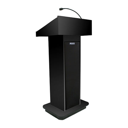 Wireless sound column lectern in black finish with gooseneck microphone