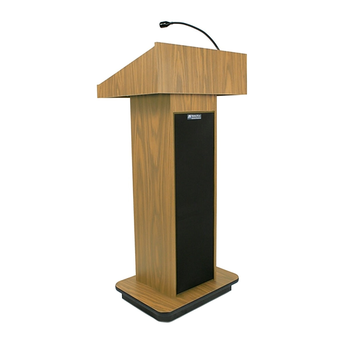 Wireless sound column lectern in oak finish with gooseneck microphone