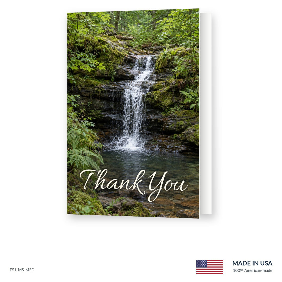Woodland Waterfall funeral acknowledgment card shown slightly open, Funeral Source One FS1-MS-MSF, Made in the USA