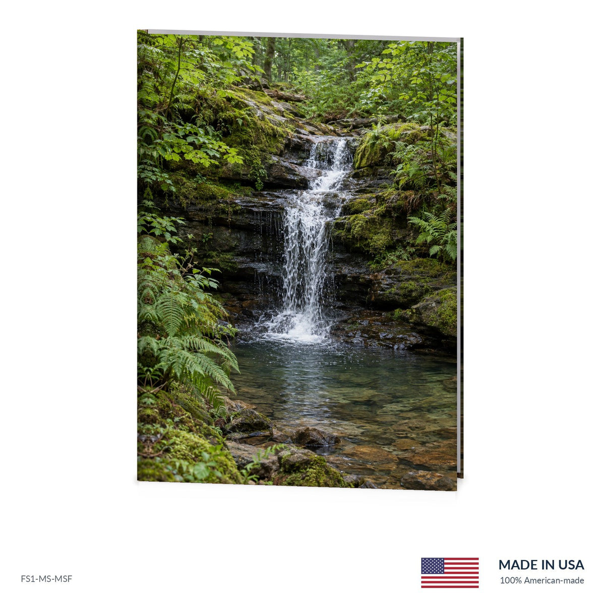 Woodland Waterfall funeral register book with full-color cover wrap and visible page edge, Funeral Source One FS1-MS-MSF, Made in the USA