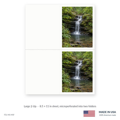 Woodland Waterfall funeral service folders, Large 2-Up 8.5 × 11 in sheet microperforated into two folders, Funeral Source One FS1-MS-MSF