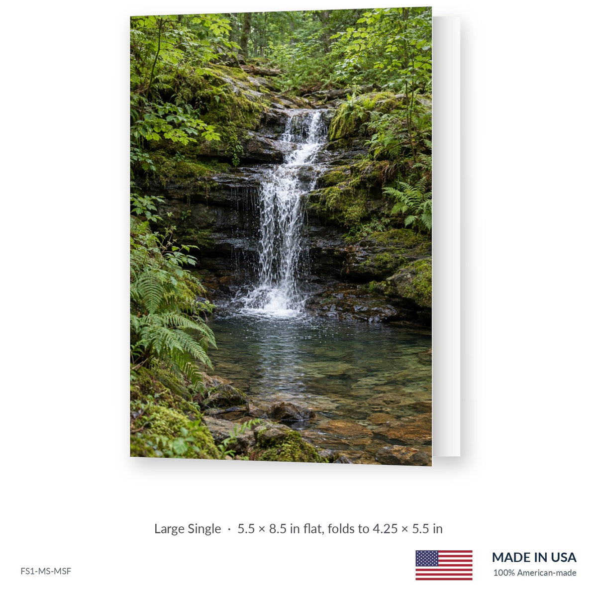 Woodland Waterfall funeral service folder, Large Single 5.5 × 8.5 in, shown slightly open, Funeral Source One FS1-MS-MSF, Made in the USA