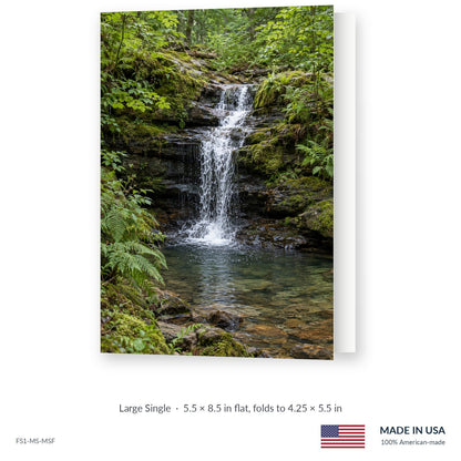 Woodland Waterfall funeral service folder, Large Single 5.5 × 8.5 in, shown slightly open, Funeral Source One FS1-MS-MSF, Made in the USA
