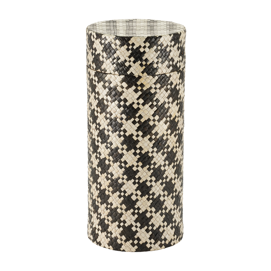 Woven Palm Black and Tan Scattering Urn, Full size adult scattering urn, 11.9 x 5.4 x 5.4 in