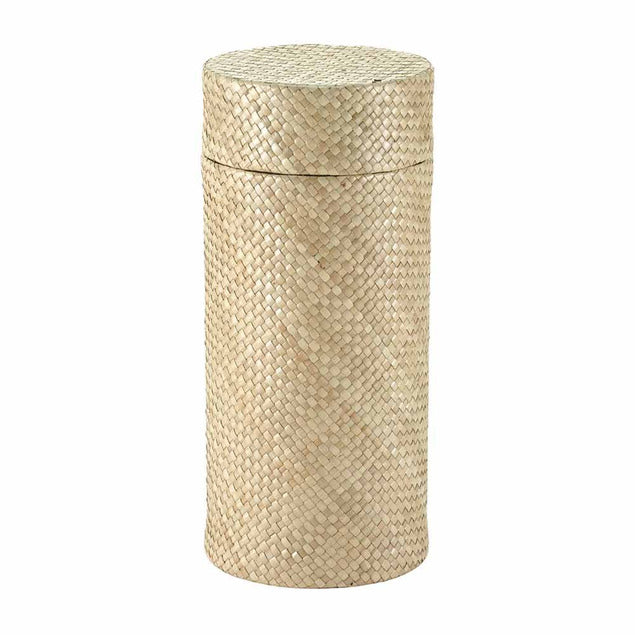 Woven Palm Tan Scattering Urn, Full size adult scattering urn, 12 x 5.4 x 5.4 in