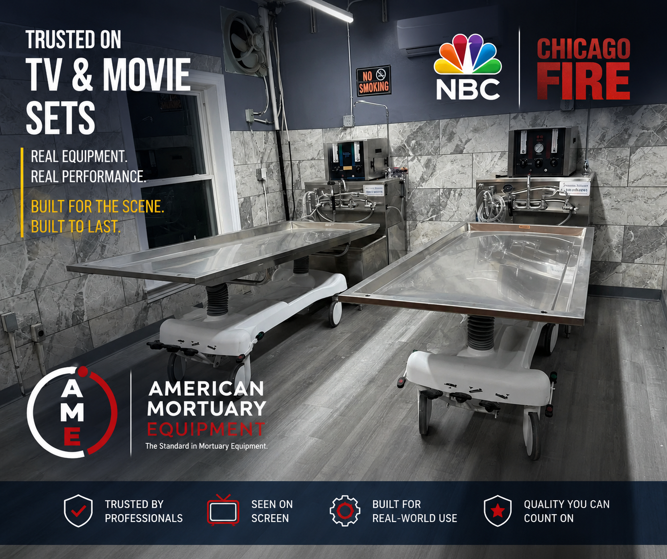 XL Hydraulic Embalming Table — as seen on TV and movie sets including NBC Chicago Fire, shown in mortuary prep room | American Mortuary Equipment