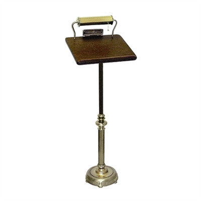 Premium single post funeral register stand with walnut Formica top and antique bronze finish
