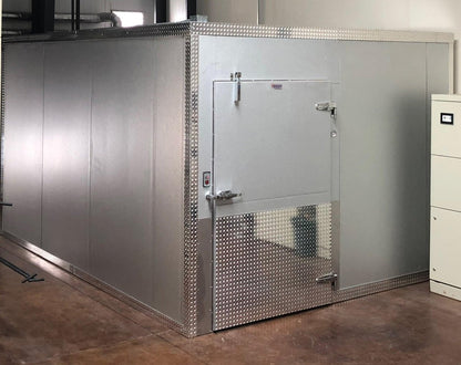 10x20 walk-in mortuary cooler exterior view USA-made NSF-certified modular body storage American Mortuary Equipment
