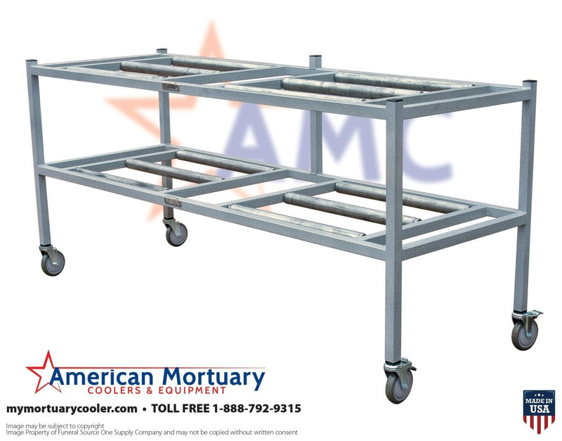 2-tier side-loading mortuary roller rack with heavy-duty stainless frame by American Mortuary Coolers for high-turnover body storage