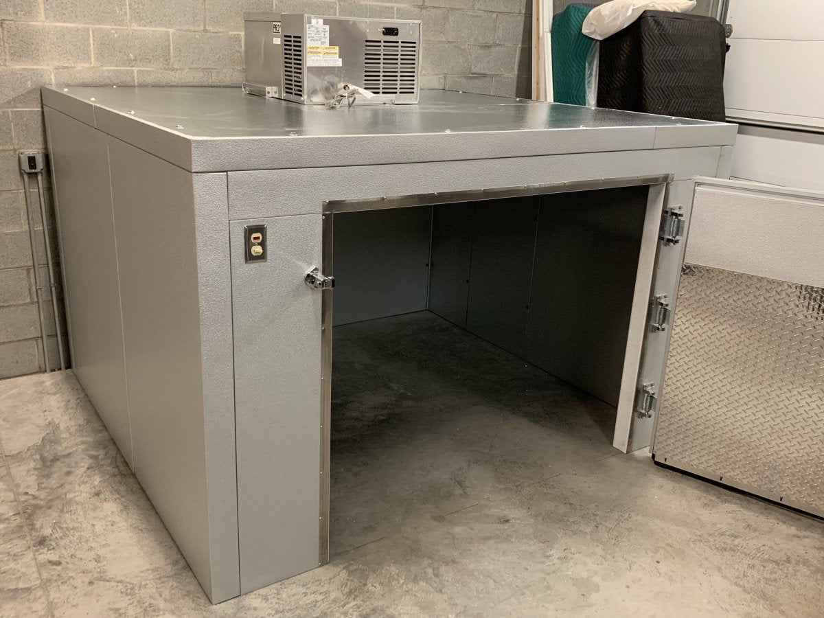 “Three-body mortuary refrigeration unit built in the USA, featuring 4-inch insulated walls and Energy Act 2025 compliant compressor.”