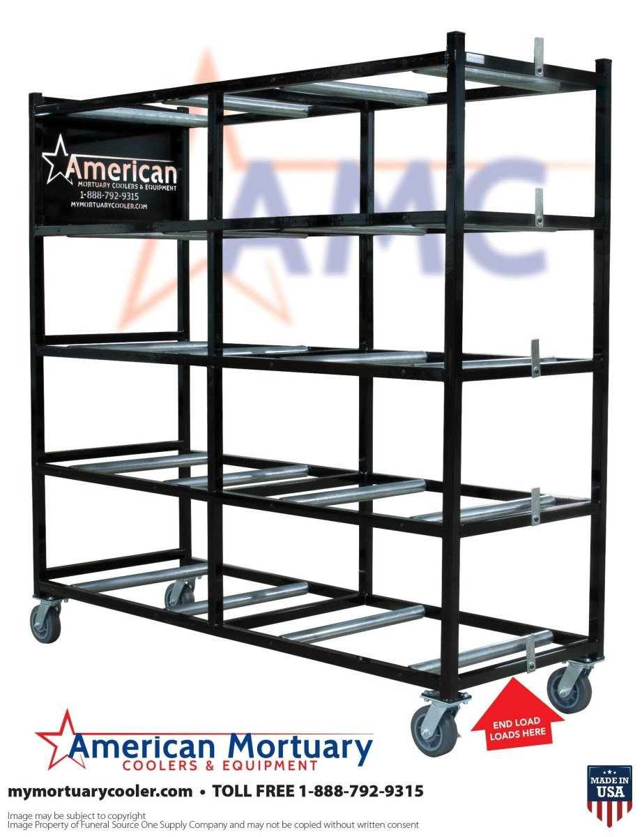5 - Tier End Loading Mortuary Roller Rack for Efficient Cadaver Storage | Ideal for Funeral Homes, Crematoriums, and Morgues - American Mortuary Coolers & Equipments