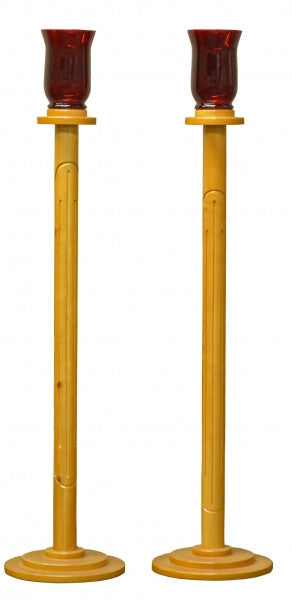 Pair of solid wood funeral candlesticks with ruby glass holders