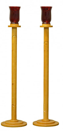 Pair of solid wood funeral candlesticks with ruby glass holders