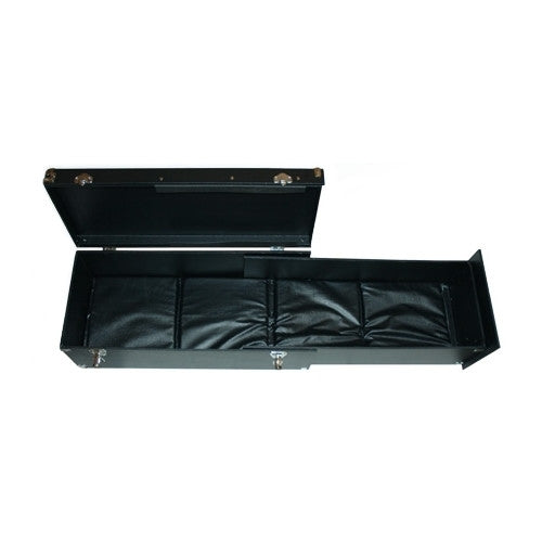 Infant removal case with black leatherette exterior and chrome-plated hardware for funeral transport