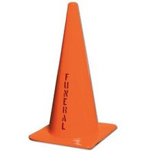 Set of five 28-inch federal orange funeral traffic cones with Funeral imprint