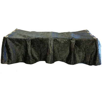 Onyx black crushed-velvet church truck drape with 12-pleat skirt covering a casket church truck
