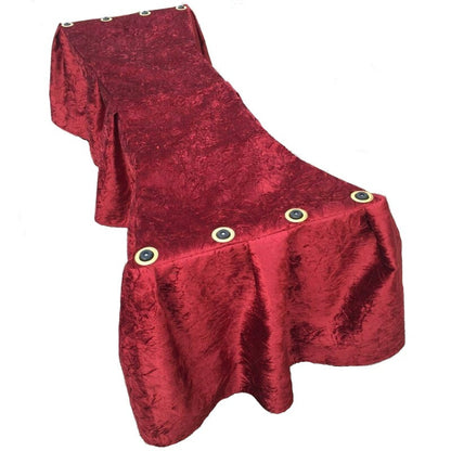 Burgundy crushed-velvet church truck drape with 12-pleat skirt covering a casket church truck