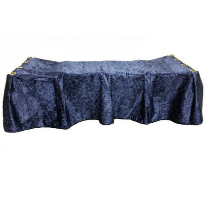 Navy blue crushed-velvet church truck drape with 12-pleat skirt covering a casket church truck