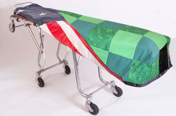 Premium quilted mortuary cot cover green patchwork — alternate fabric view | Funeral Source One