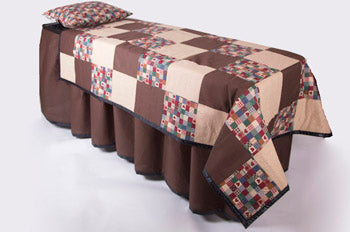 ID viewing system with pillowcase and skirt in brown harvest quilt with waterproof base