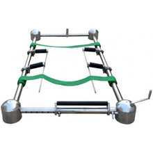 Chrome-plated graveside casket lowering device with roller placers — side view | Funeral Source One
