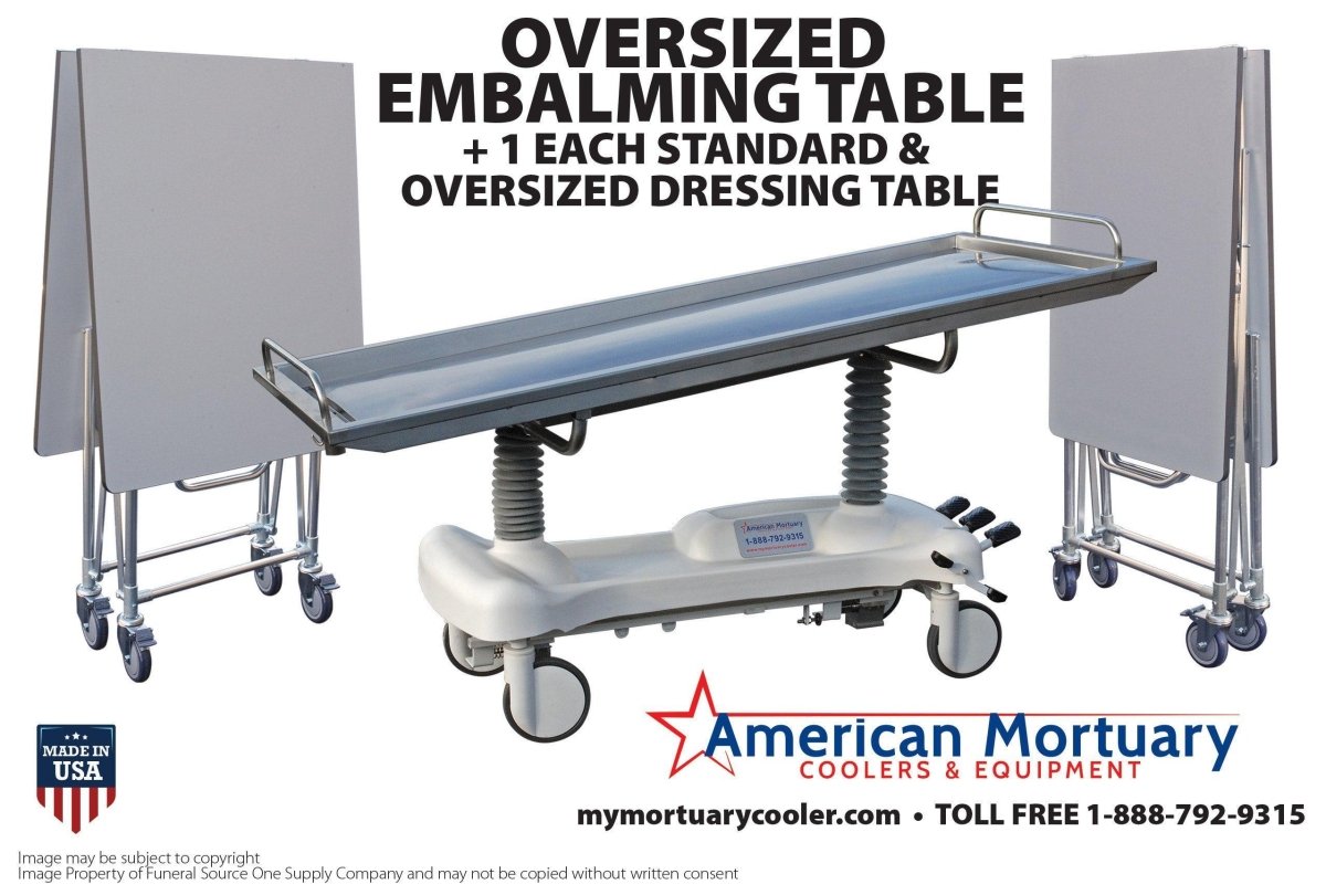 Affordable Mortuary Bundle: Hydraulic Embalming Table & Folding Prep Table - American - Made, Reliable Funeral Equipment - American Mortuary Coolers & Equipments