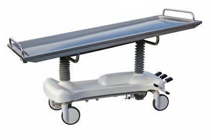 Industrial-grade American-made hydraulic embalming table featuring a 100% stainless steel top, high-load weight capacity, and 360-degree foot-pedal height adjustment for ergonomic forensic and mortuary preparation.