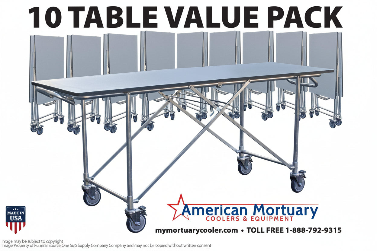 A bulk value pack of 10 American Mortuary folding dressing tables in a storage configuration, highlighting the 600lb capacity and integrated ID tag holders.